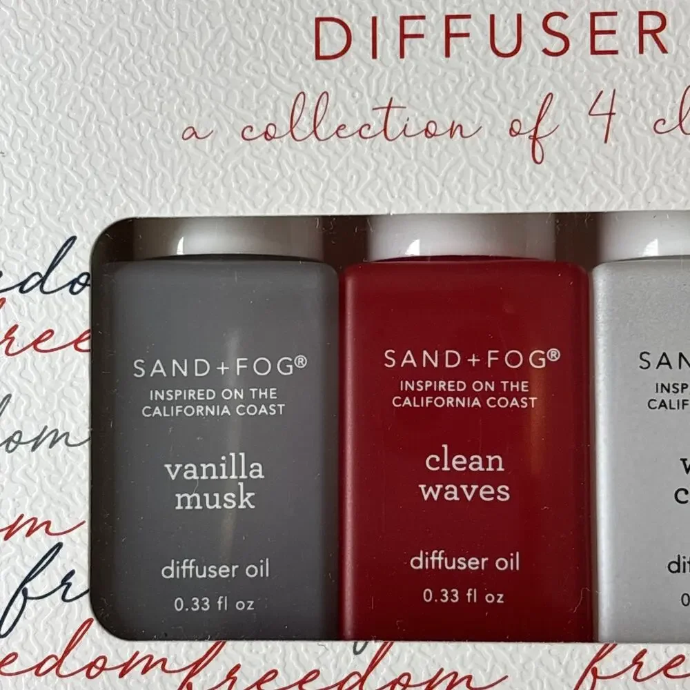 Sand + Fog Fragrance Diffuser Oil 4 pk Vanilla Clean Waves White Cotton CA Beach